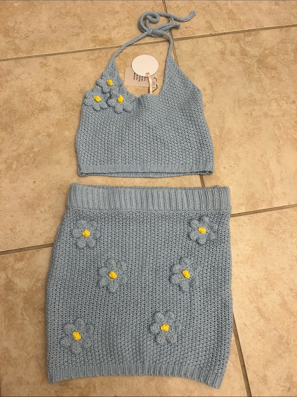 NEW Blue Knit Flower Halter Top & Skirt Set